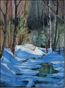 watercolor winter landscape, snow, water